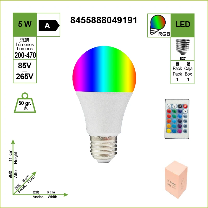 BOMBILLA DE LED MULTICOLOR RGB CON MANDO 220V E27 (pack 2)