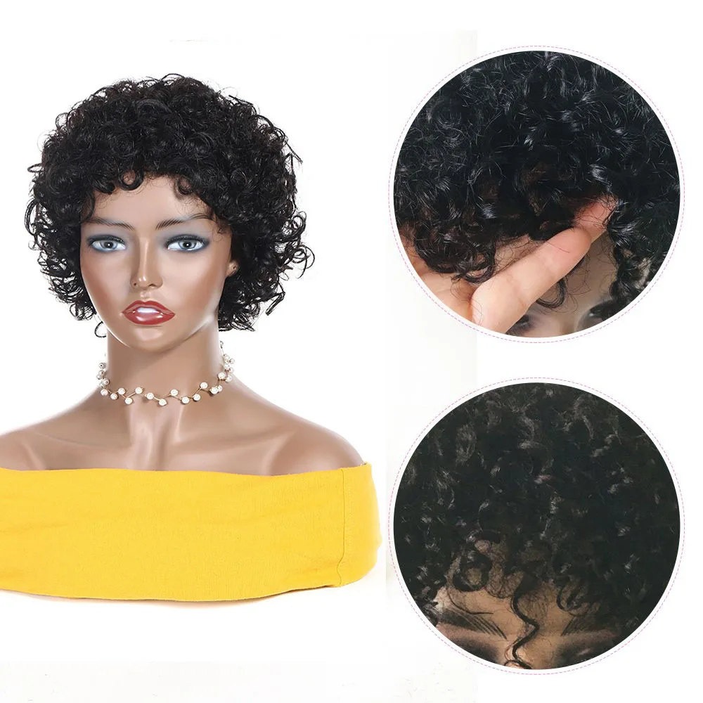 Perruque Afro naturelle bouclée, coupe Pixie, cheveux humains, bon marché, entièrement faite à la Machine, pour femmes noires