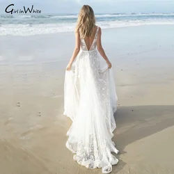 Beach Boho Lace Wedding Dress Open Back V-neck customized Bride Dresses Spaghetti Straps White Bridal Gown Vestidos De Novia