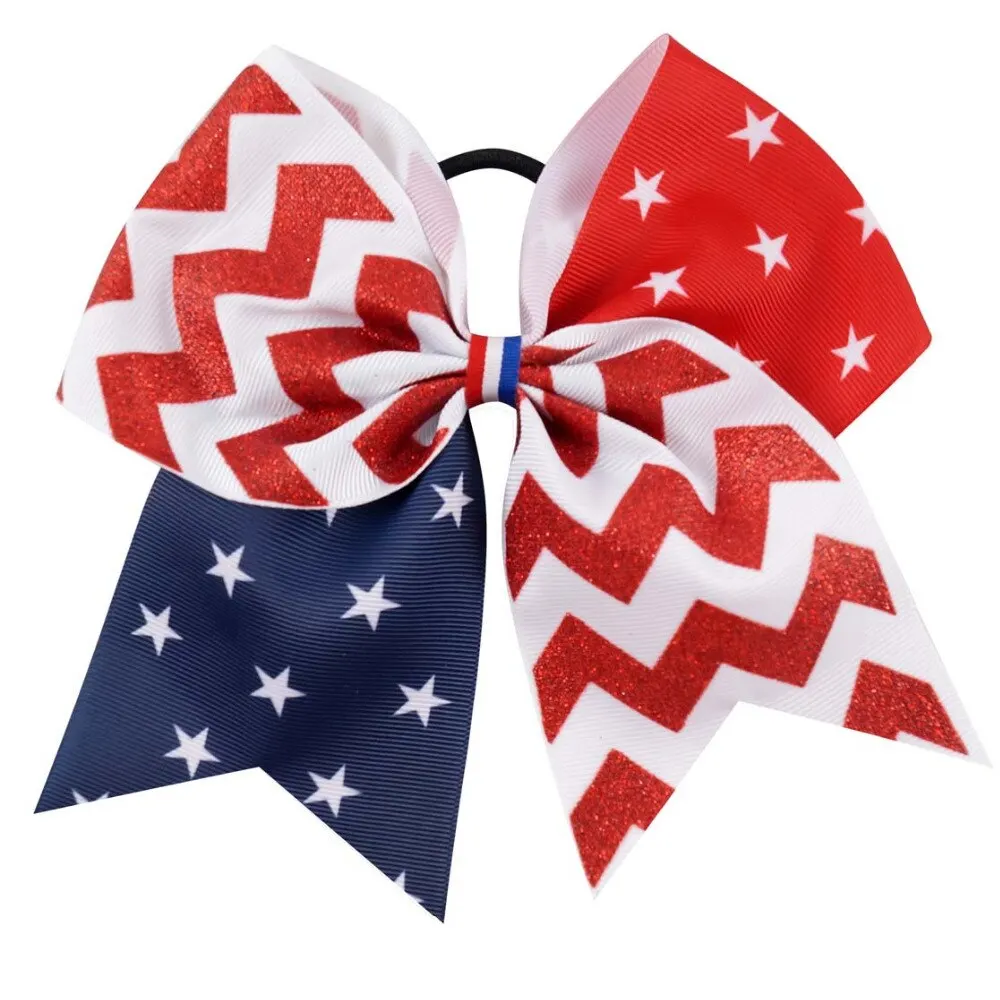 2pcs/lot 7\'\' 4th July Kids\' Printing Patchwork Patriotic Cheerbow with Elastic  Ponytail Ribbon Cheerleading Bows for Girls