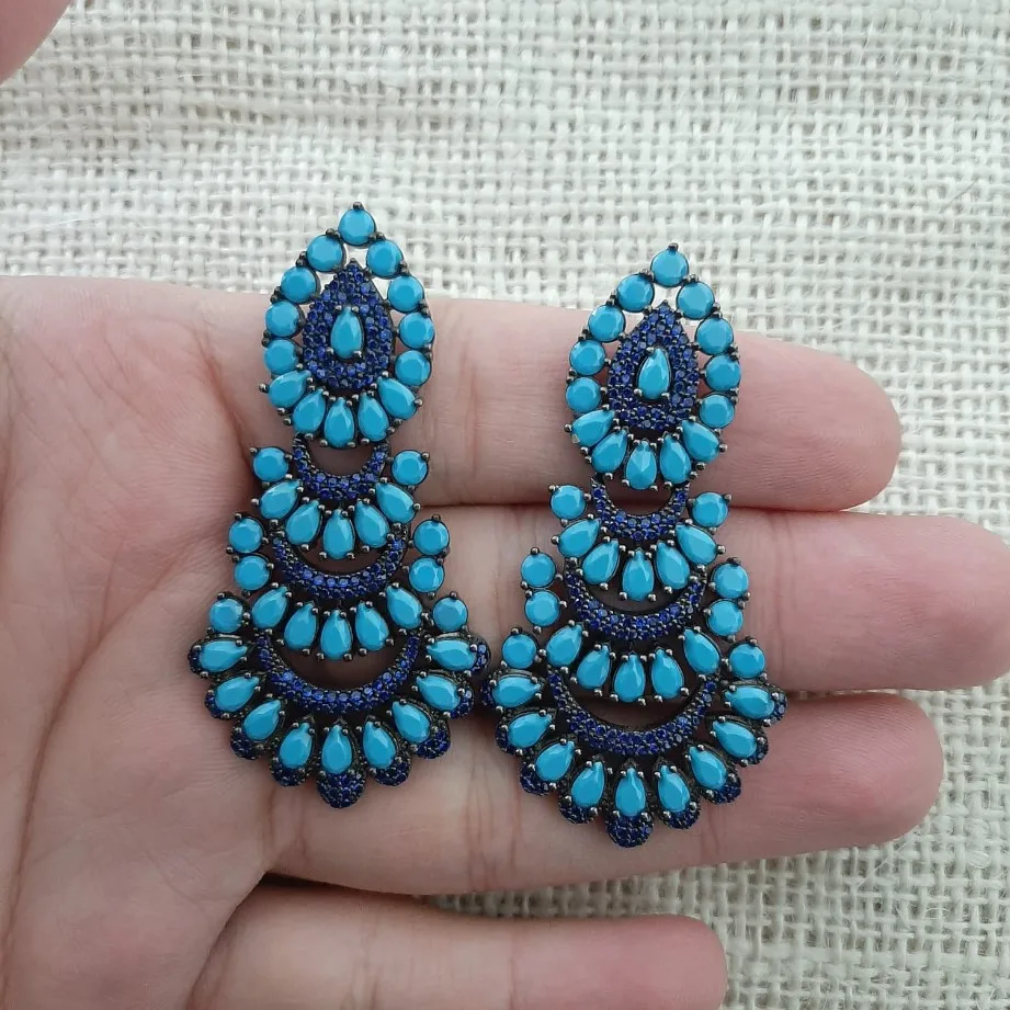 925 Sterling Silver Earrings Blue Stone Statement Long Big Boho Cute Dangle Stud Earrings серьги с камнями 925