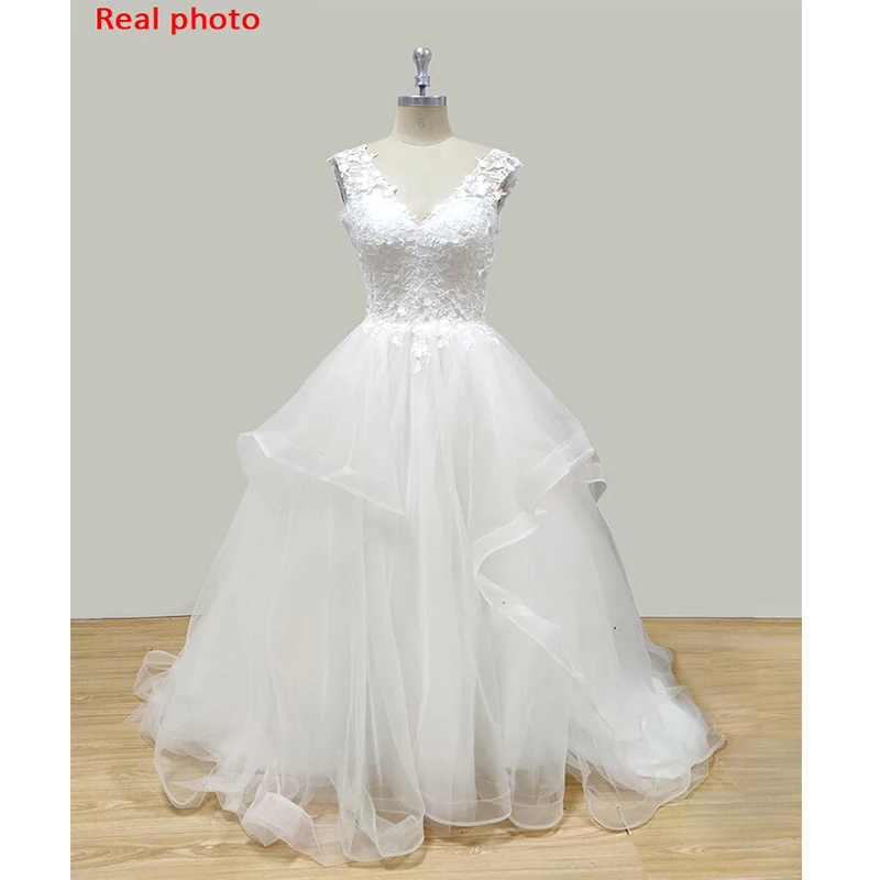 Real foto v-neck vestido de baile vestidos de casamento sem mangas em camadas vestido de casamento branco para a noiva personalizar vestido barato