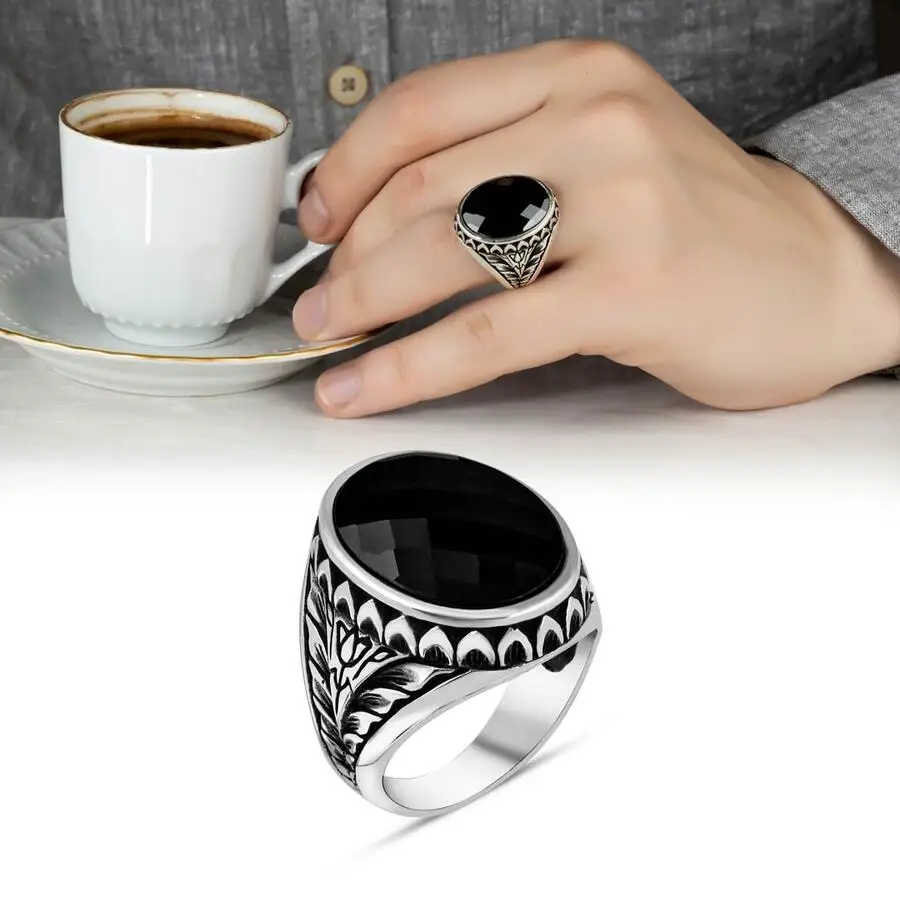 Tulip Patterned Facet Cut Black Zircon Stone Silver Men's Ring Fashion Turkish Premium Quality Handmade Jawelery