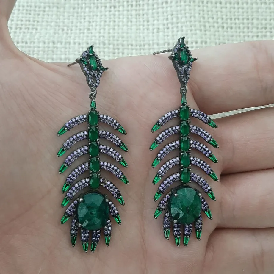 925 Sterling Silver Earrings Green Stone Statement Long Big Boho Cute Dangle Stud Earrings серьги с камнями 925