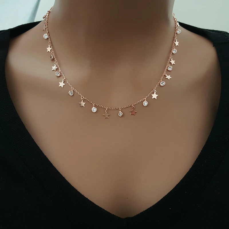 New Rose Gold Plated 925 Silver Minimalist Star Cz Diamond Necklace Choker Necklaces For Women Boho Fashion Trendy Luxury Disc