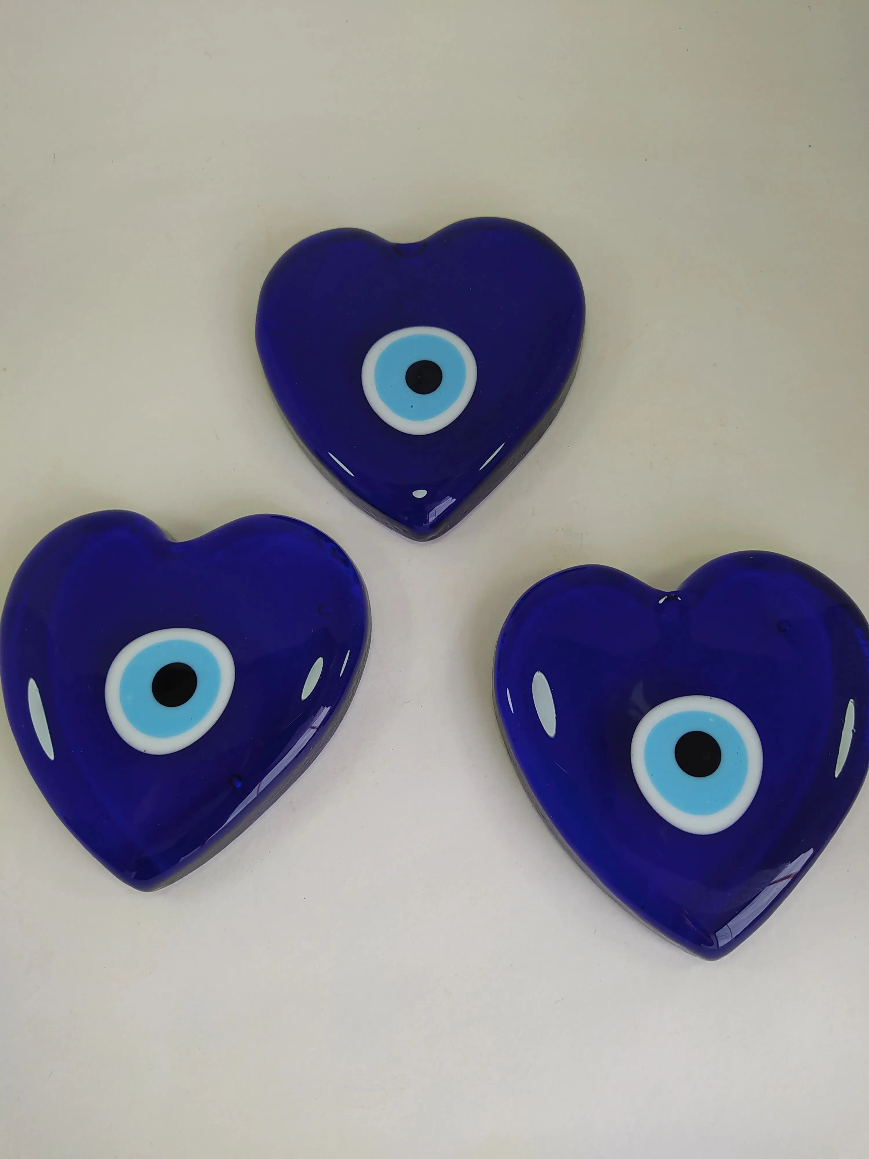 Set of 3 Heart Evil Eye 9*9 cm Glass Beads Boho Home Decor Turkish Handmade Amulet Nazar Talisman Charm Made in Turkey