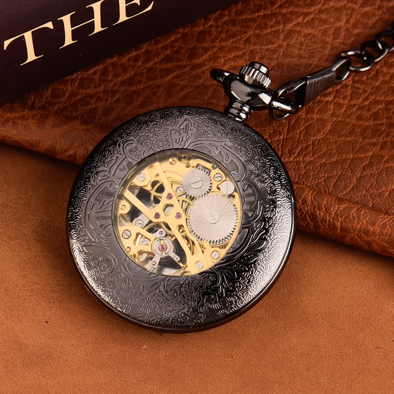 Hanging watch Large chain hollowed-out wheel black pocket watch Roman scale black mechanical pocket watch