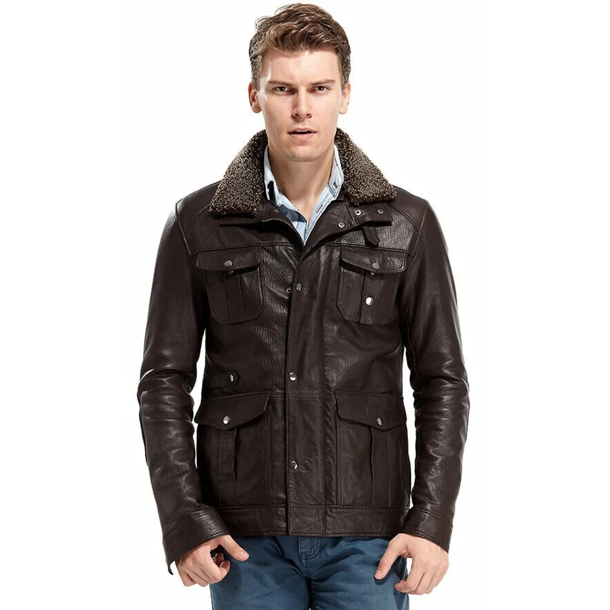 Magento Male Leather Coats Coffee Original Lambskin Autumn Winter 2022 Biker Slim Large Size VintageTürkiye