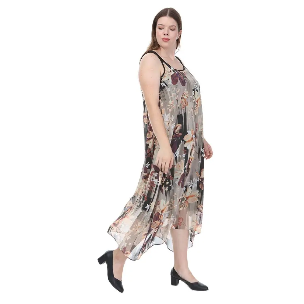 Hanezza Plus Size Women Fashion 2021 Summer Clothing Floral Ankle-Lenght Tank Sleeveless Elegant Chiffon Dress + 2XL - 6XL + Large Size Bow Collar Chic Tops 42 - 52 EU Casual Wear Female Plus Body Type Khaki, Burgundy