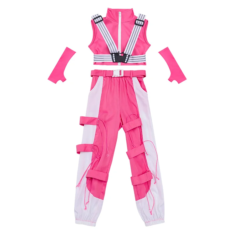 ZZL K-pop Stage Outfit for Girl Urban Dance Children Clothes 4 Pcs White and Pink Costume Jazz Hip-hop Street Dance Show Wear