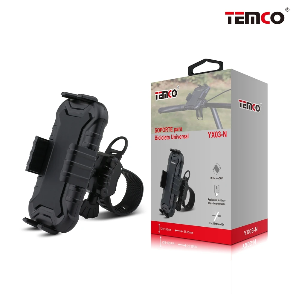 Temco YX03-N Bicycle Phone Holder 360 Rotating Handlebar, Mobile Phone Holder and Bicycle Rearview Mirror in Color Black