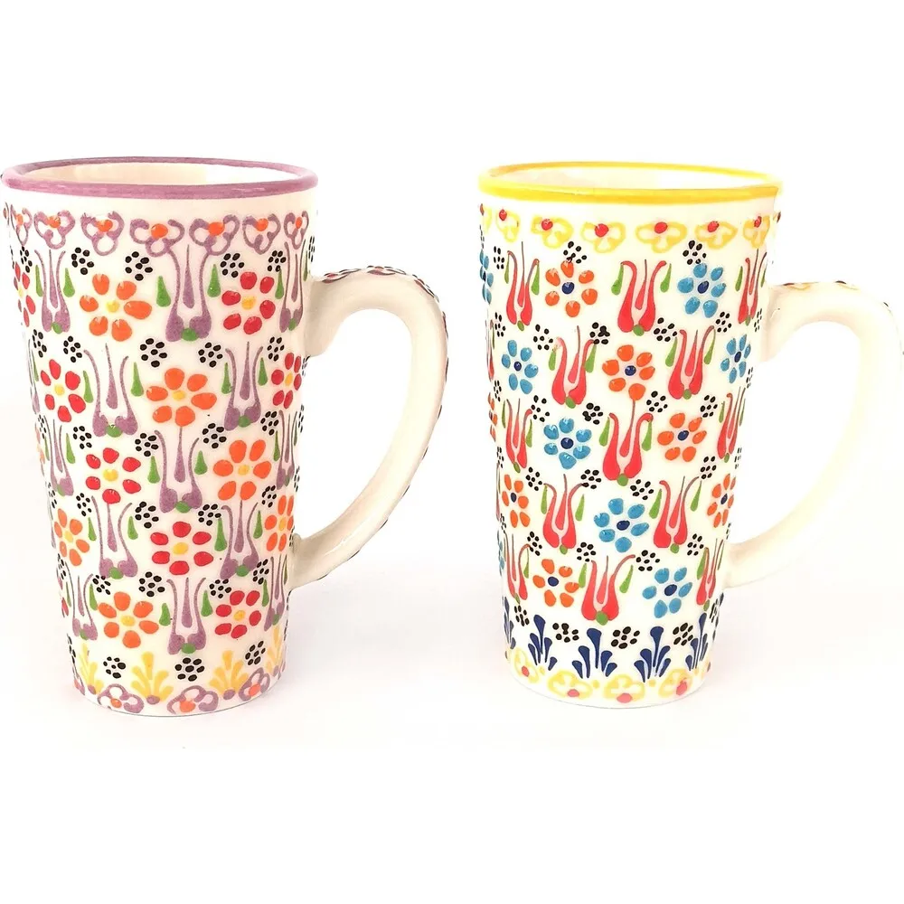 Ceramic Handmade Latte Mug Set of 2 - Yellow & Lilac Color 500ml Latte Glass Handcrafted Made in Turkey