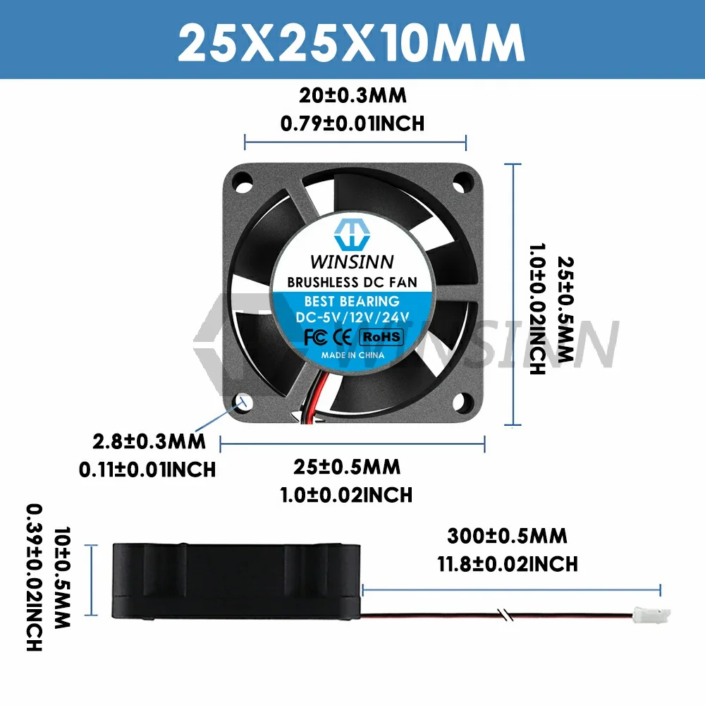 WINSINN 2510 25mm Fan DC 5V 12V 24V  Hydraulic / Dual Ball Bearing Brushless Cooling 25x10mm 2PIN [5-Pack]