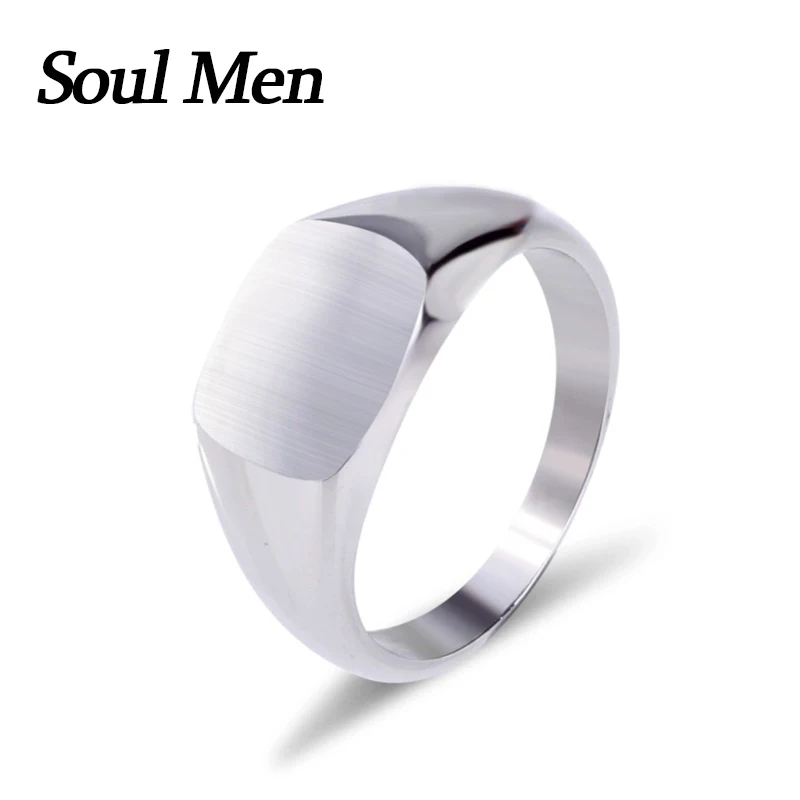 Soul Men Men's Square Brushed Signet Titanium Steel Wedding Rings for Men Women Engraved Name Date DIY Logo Rings Jewelry