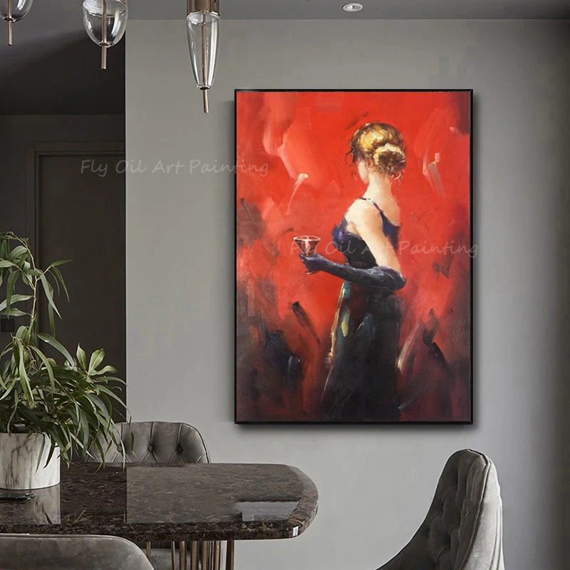 

Women girl drinking with red canvas thick figure art canvas 100% handmade oil painting no frame on canvas wall decor picture