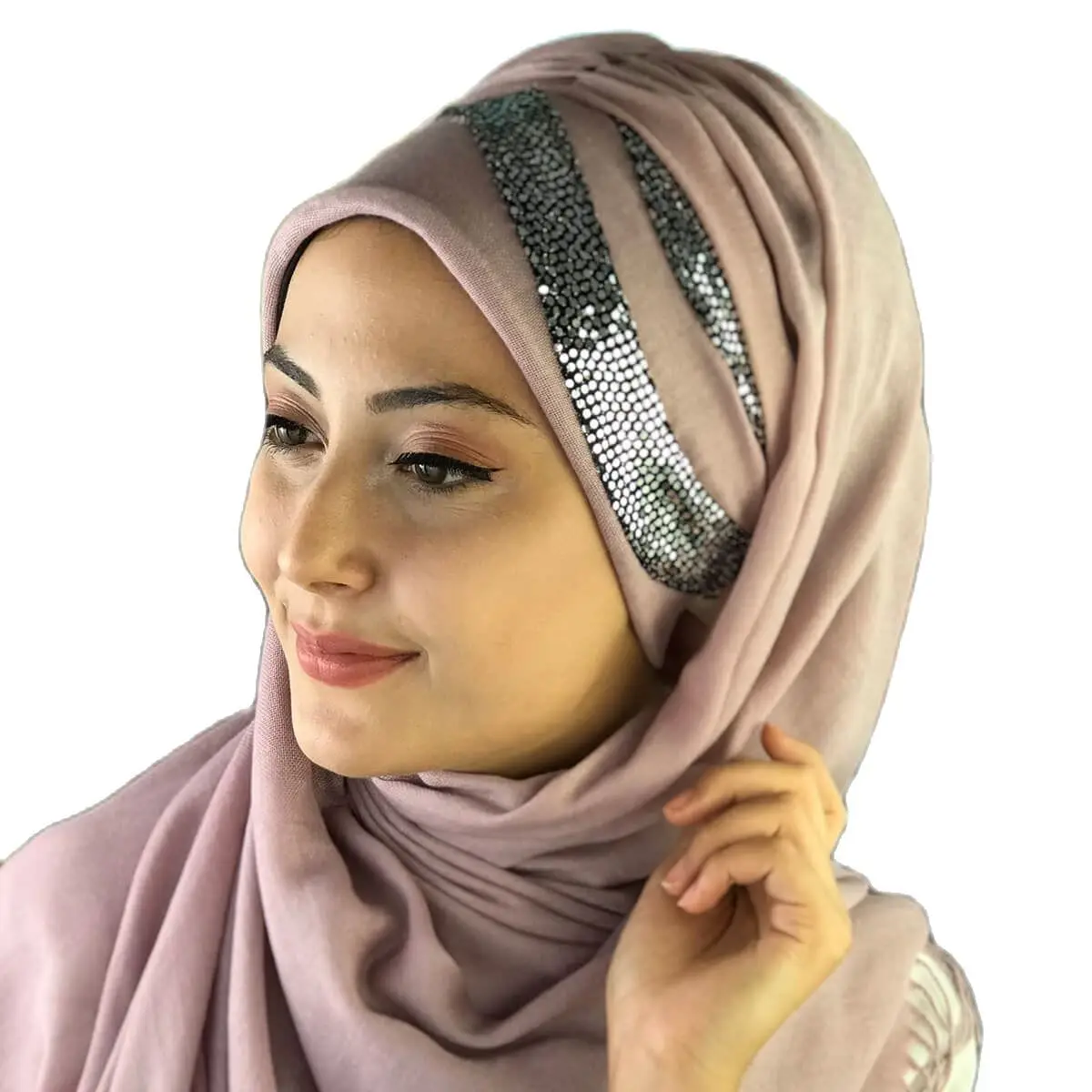 2022 New Fashion Hijab Women Muslim Islamic Scarf Hat Silver Sequin Sequined Asymmetric Pattern Light Lilac Ready-made Shawl