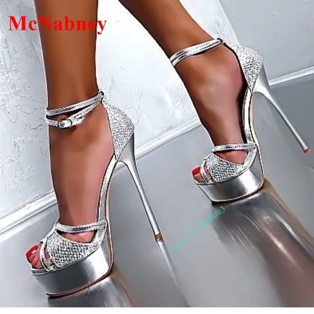 

New Fashion Crystal Stiletto Heel Sandals Women Shoes Platform Peep Toe Solid Ankle Buckles Sandals Strap Sexy Summer Party Shoe