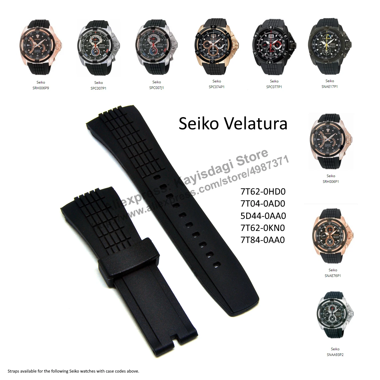 26mm Black Rubber Watch Band Strap Compatible For Seiko Velatura 7T04-0AD0 - SPC074P1 , SPC077P1