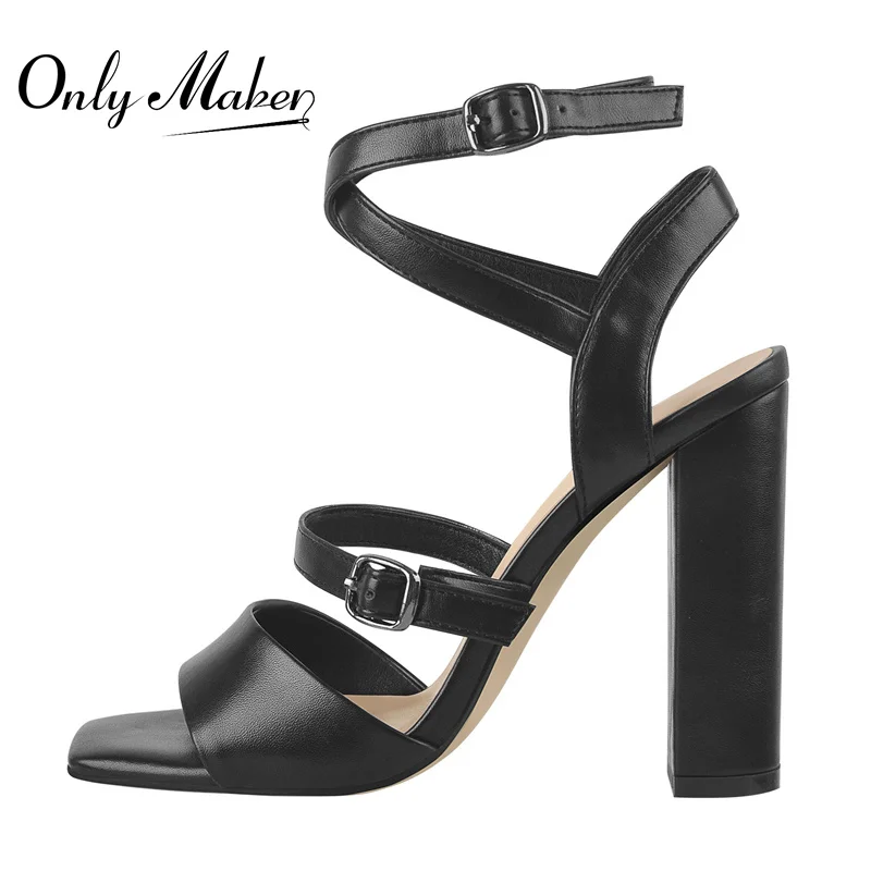 Onlymaker Women  Square Toe Sandals  Fashion Chunky High Heels Cross Strap Ankle Buckle Matte Black Summer Sandals