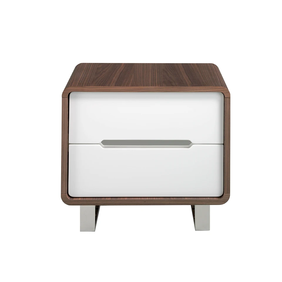 Night table 7107 Angel Cerdá-night table of walnut-plated Wood with two drawers in DM lacquered white glitter. Chrome stainless steel nuggers and legs.