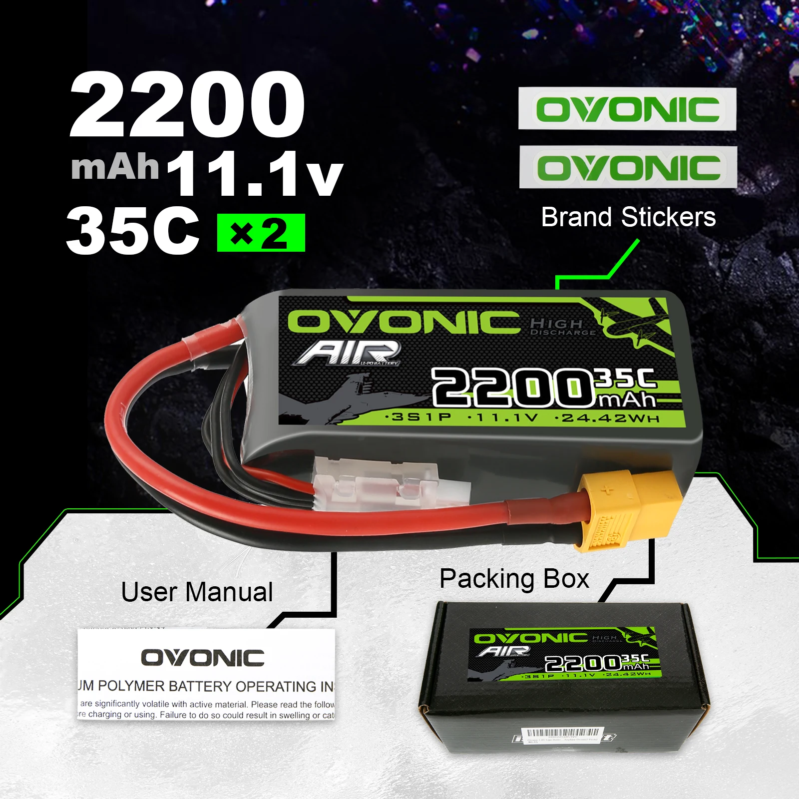 Ovonic 3S 11.1V 35C 2200MAh Lipo Battery with XT60 Plug for RC FPV Airplane Quadcopter Helicopter Drone Racing Model Hobby 2PCS