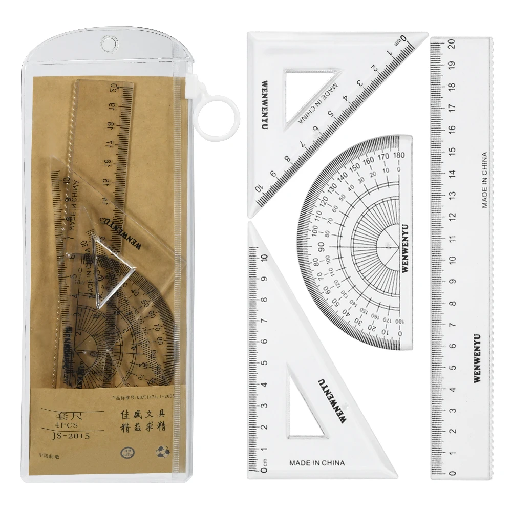 JS-2015 4 pcs/ set high quality ruler protractor student mathematics geometry plastic triangle ruler set office school supplies