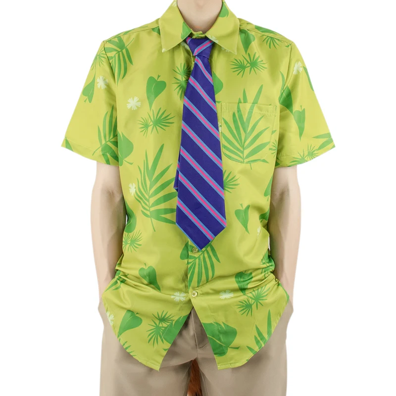 DAZCOS Fox Nick Wilde Cosplay Shirt With Tie Men Halloween Green Leaves Printed Summer Casual T-shirt and Necktie