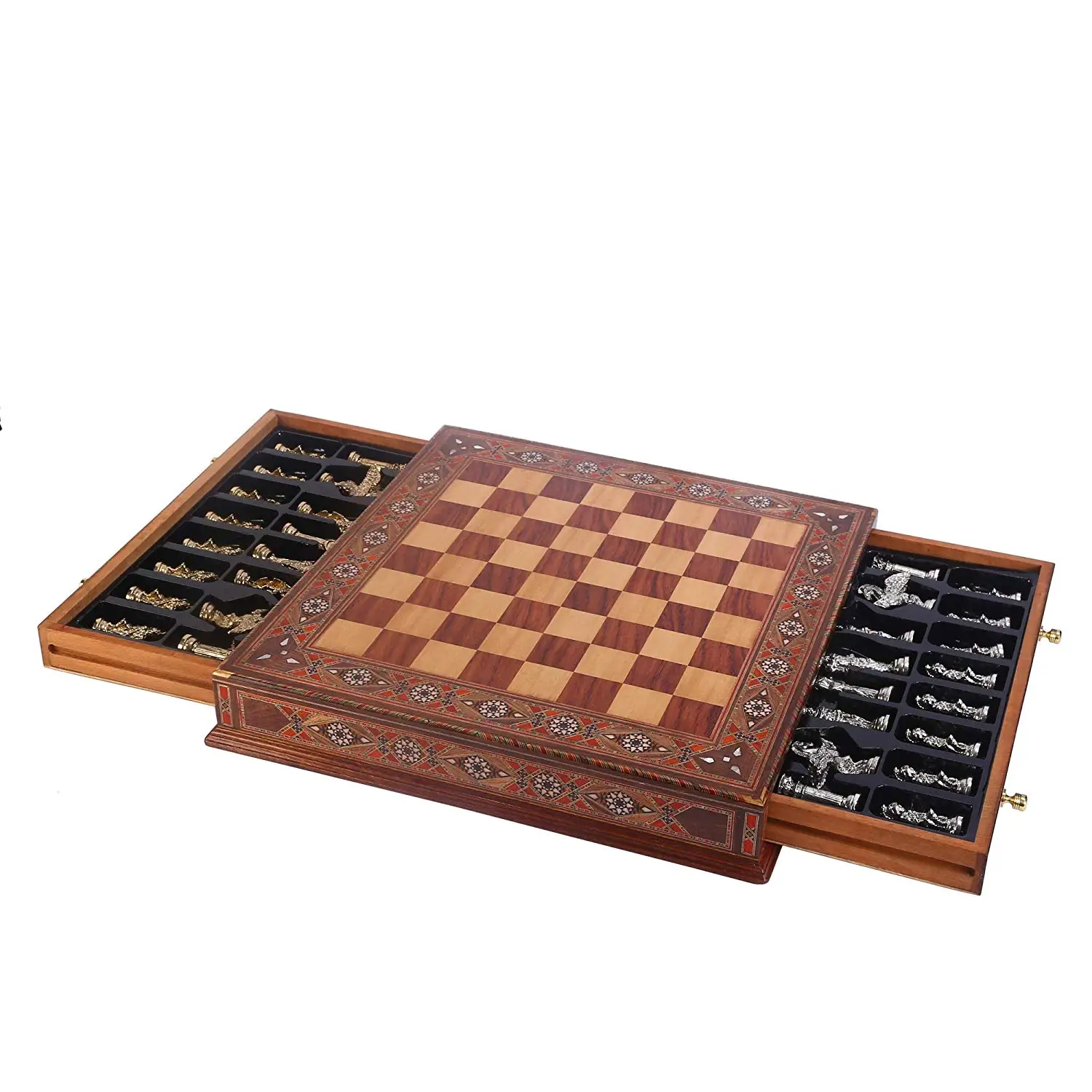 Metal Chess Set Medieval British Army ,Handmade Pieces,Original Pearl on Solid Wooden Board and Storage Inside King 9 cm