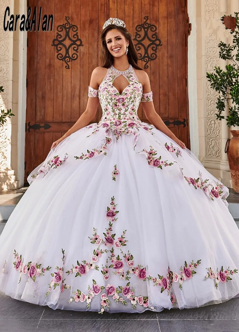 Charro Vestido De Xv Años Wit Quinceanera Jurken Met Bloemen Applique Kralen Mexicaanse Zoete 15 Verjaardag Prom Jassen