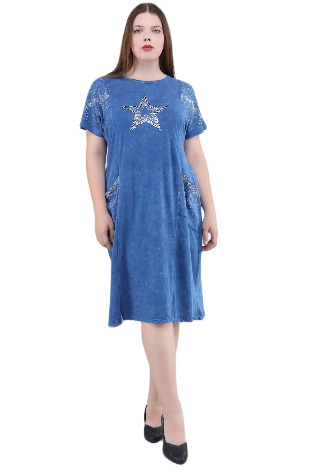 Diaves Women Plus Size Self-Effect-Flushing Star Detailed Short Sleeve Blue Indigo Dress