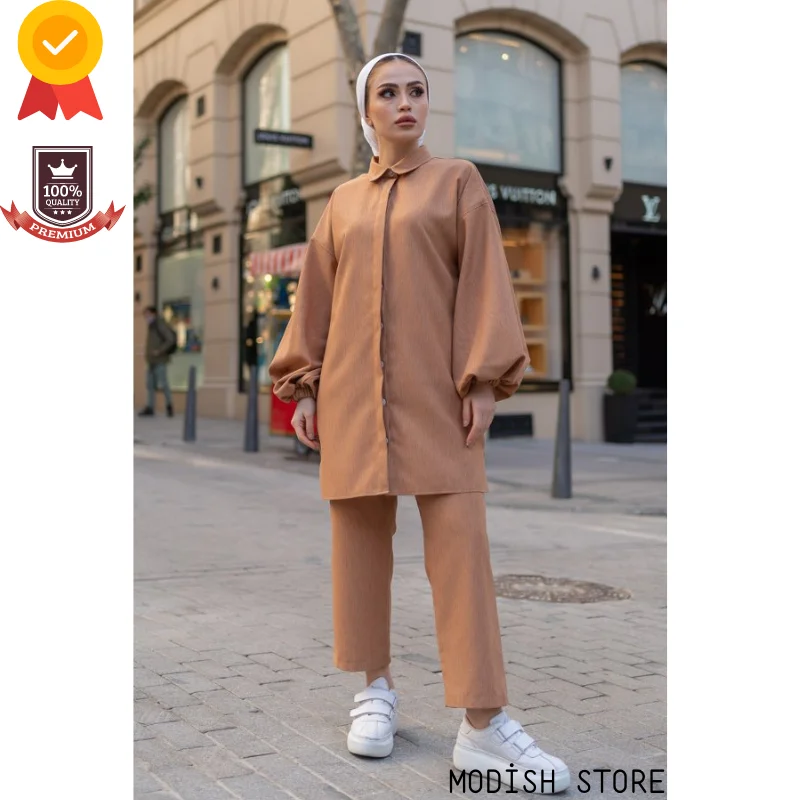 Balloon Sleeve Muslim Woman Set |Tunic Pants|2021 Dubai Abaya Turkey Turkish Women\'s Clothing Modest Clothing Islam