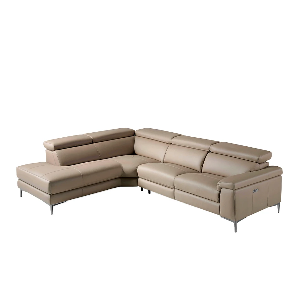 Angel Cerdá 6050 sofa-corner sofa (L) upholstered in cowhide leather with dark-colored polished stainless steel legs and adjustable independent headrests. Side seat with electric mechanism relax.