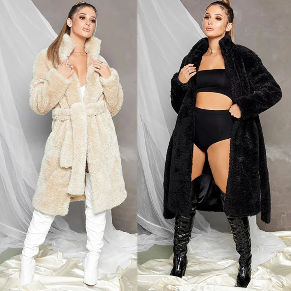 

Faux Fur Long Coat for Women, Plus Size, Long Sleeve, Artificial Wool Coats, Stand Neck, Lace-up,Casual Fashion,Autumn and Winte