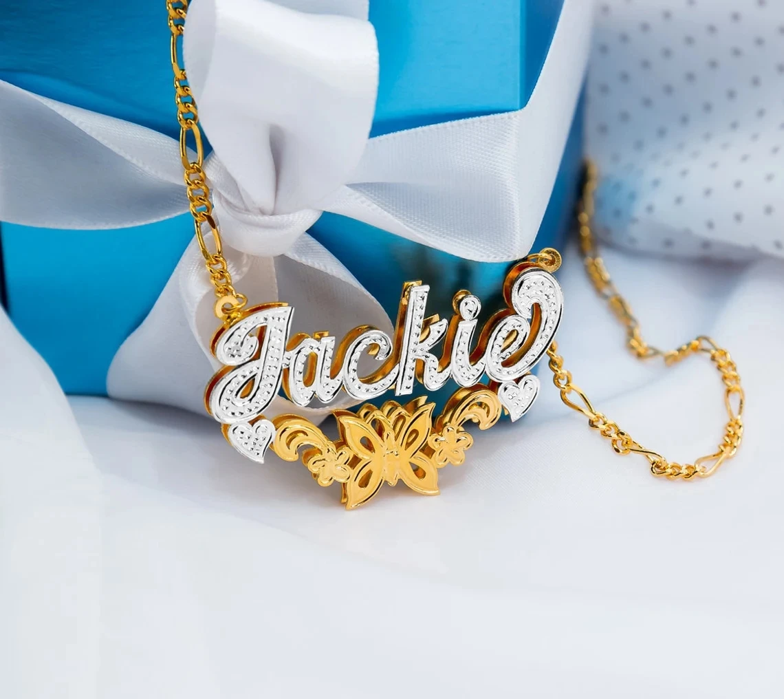 Custom Butterfly Name Necklace Personalized Double Layer Nameplate Two Colors Pendant Jewelry Gift For Mother's Day