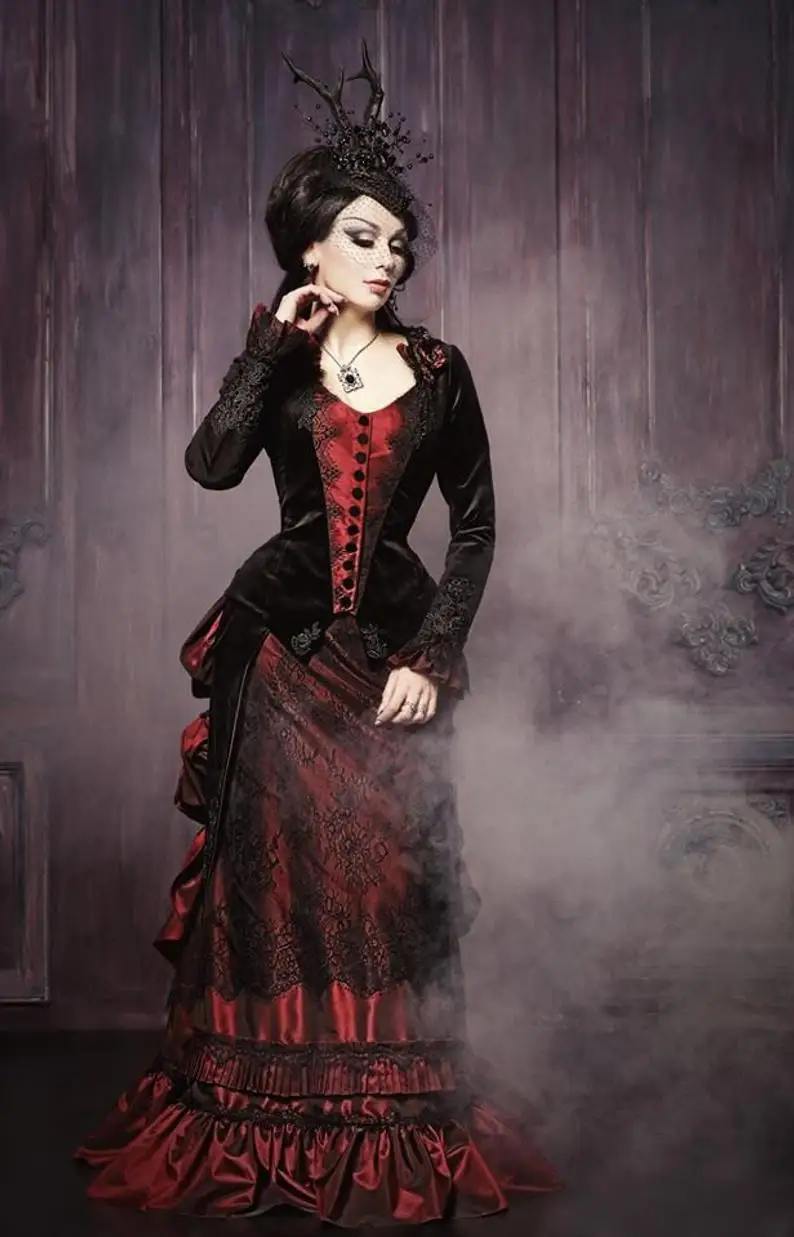 Victoriaanse Gothic Trouwjurken Met Lange Mouw Jasje 2021 Zwart Rood Bloemen Drukte Rok Lace-Up Corset Bruid Toga