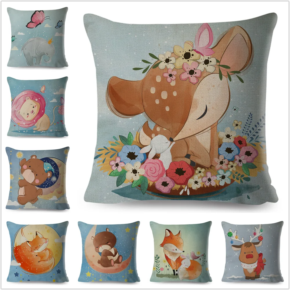 Nordic Cushion Cover Decor Cute Cartoon Giraffe Fox Reindeer   Animal Pillowcase Polyester Pillow Case for Sofa Home Kids Room