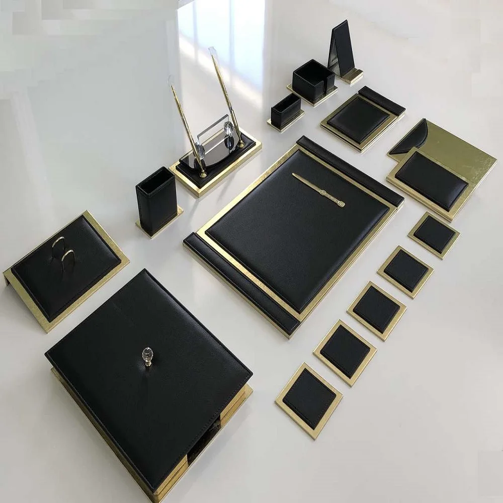 Luxury Black  / Gold Color Business Office Desk Leather Mat Set Organizer Accessories (Office Supplies, Office Desktop Set, )