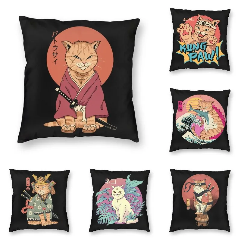 Neko Shinobi Cat Cushion Cover 40x40cm Soft Samurai Feline Ninja Throw Pillow Case For Sofa Square Pillowcase Home Decorative