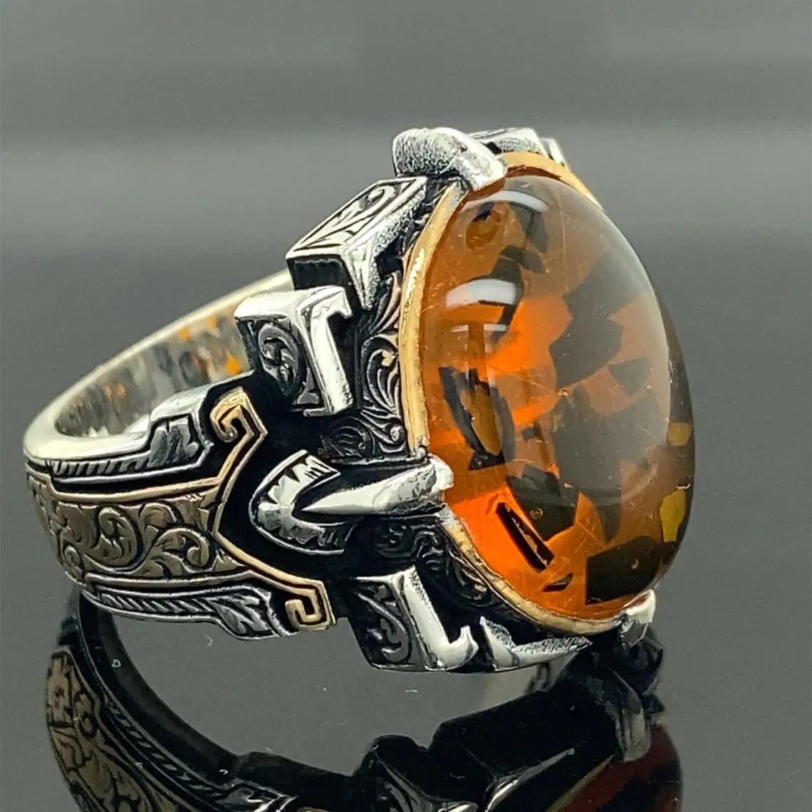 Elegant Design 925 Sterling Silver Honey Amber Stone Men's Ring Accessory Ottoman Style Jewelery Gift For Him