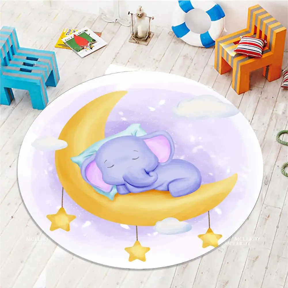 Else Yellow Moon Sleepy Baby Elephant 3d Pattern Print Anti Slip Back Round Carpets Area Round Rug For Kids Baby Children Room