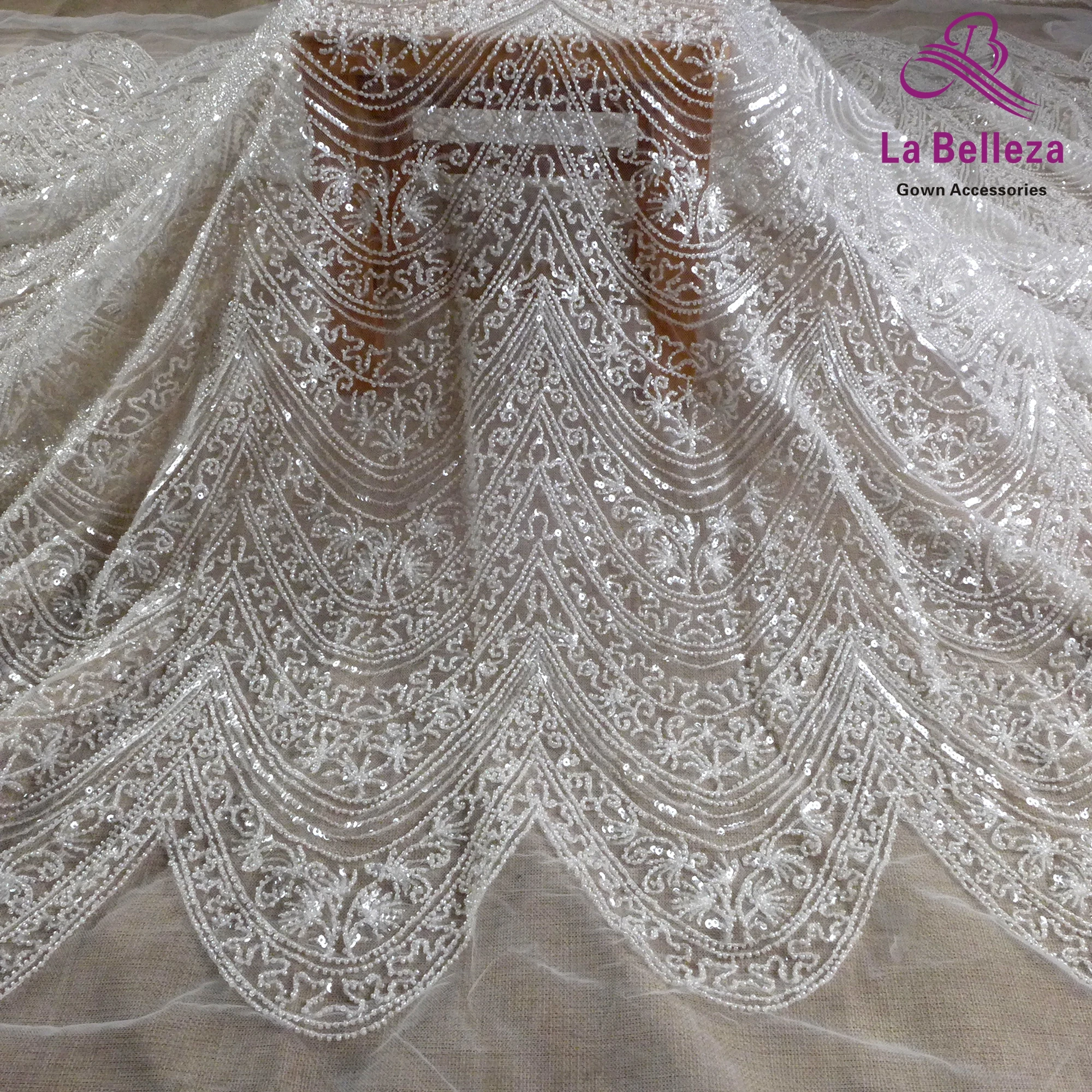 

La Belleza New Fashion style white beading lace fabric,grat wavy patterns gown dress lace fabric 1 yard