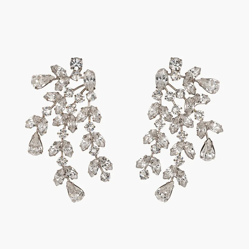 Luxury Flower Shape Cubic Zirconia Leaf Dangle Earrings for Women Exquisite Chandelier CZ Wedding Drop Earrings Party Jewelry