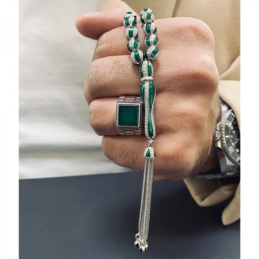 Green 925 Sterling Silver Tasbih With Green Agate Men’s Ring Vintage Antique Jewelry Gift islamic Gift Fashion Men's Jewelery