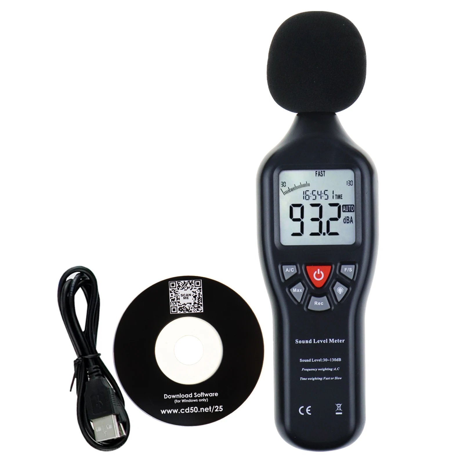 Fonometro digitale Decibel 30 dB - 130 dB con funzione di registrazione dati Software CD Tester di rumore Registratore