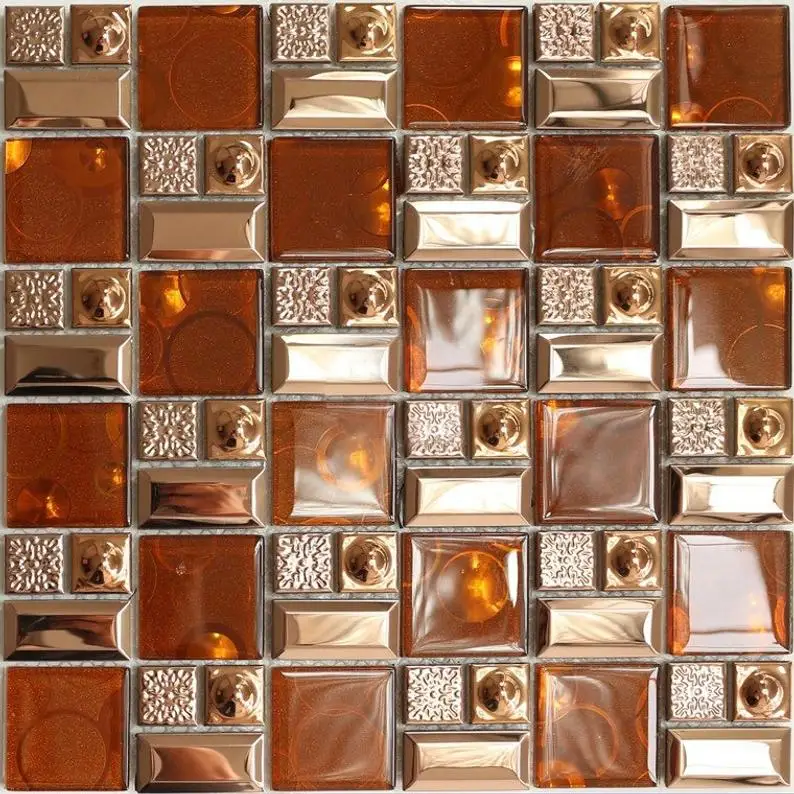 33 PCS Caramel Glass Mosaic Backsplash JMFGT114 Rose Gold Stainless Steel Metal Mosaic Kitchen Wall Tiles