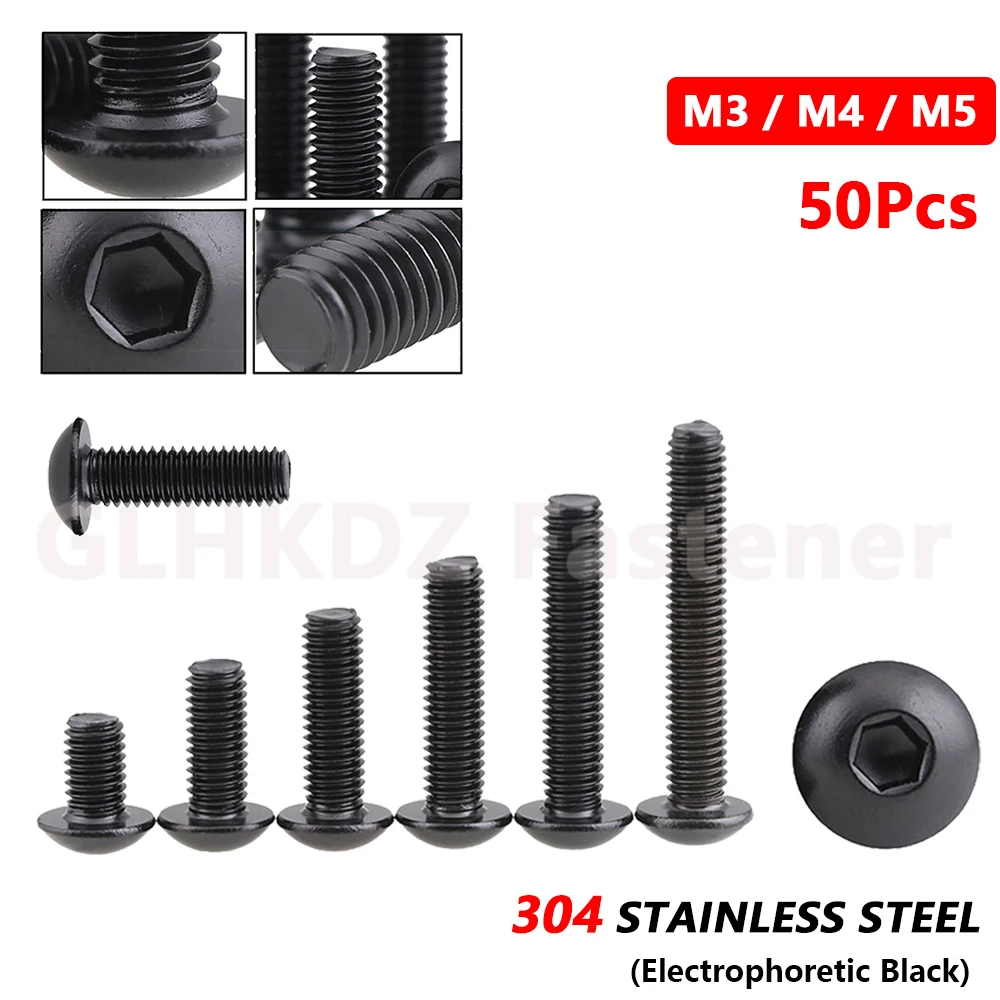 50pcs M3 M4 M5 Button Round Head Allen Hex Socket Bolt Machine Screw DIN7380 A2-70 304 Stainless Steel Black Corrosion Resistant