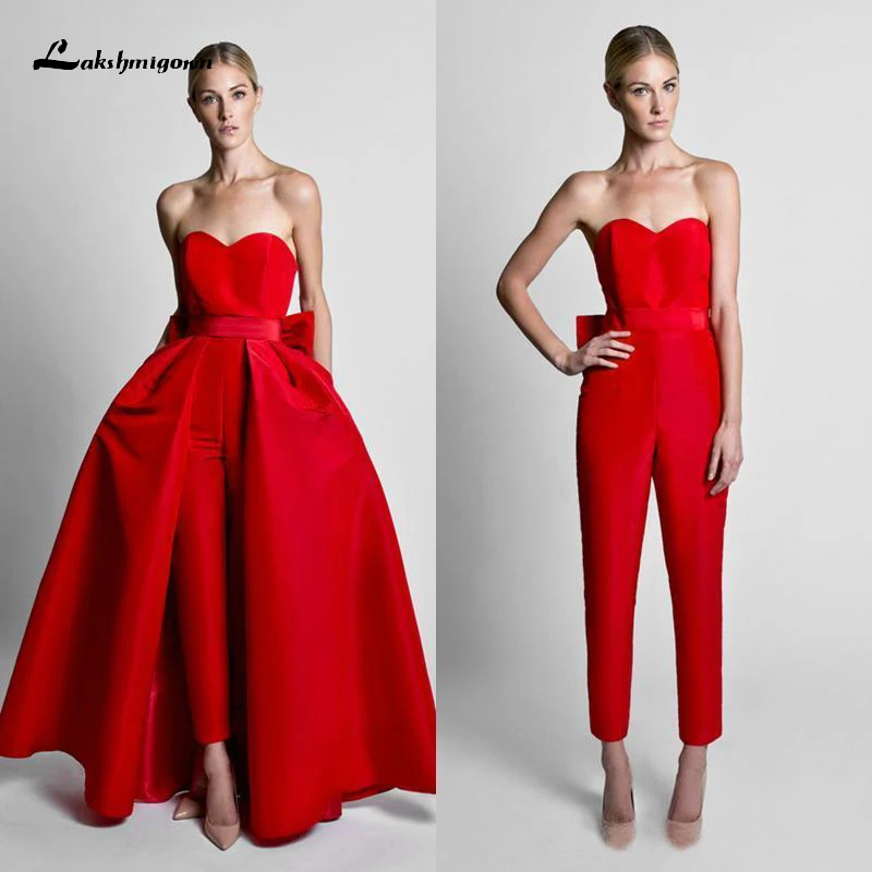 Bescheiden Red Jumpsuits Trouwjurken Met Afneembare Rok Strapless Bruid Gown Bridal Party Broek Voor Vrouwen Custom Made