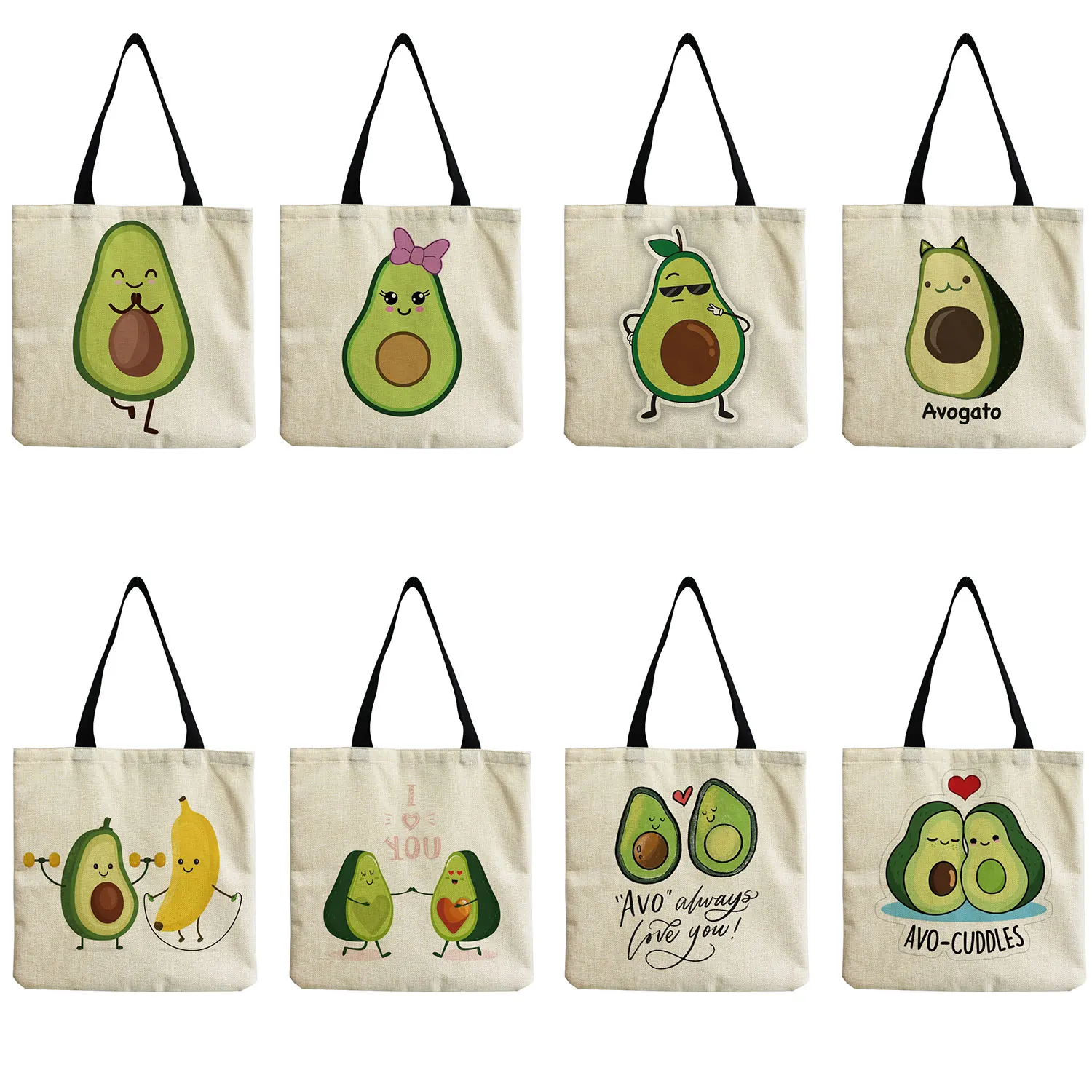 Cartoon Avocado Fashion Fruit Printed Shopping Bag Outdoor Portable Women Shoulder Bag Eco Friendly High Capacity Foldable Tote