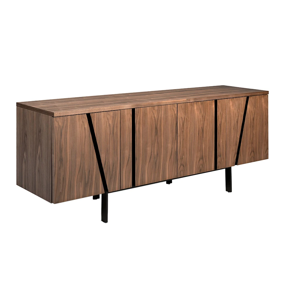 3124 sideboard Angel Cerdá-American walnut-plated ash wood sideboard and steel details painted in black epoxy, on the structure and legs of black epoxy painted steel. Four doors with shelves