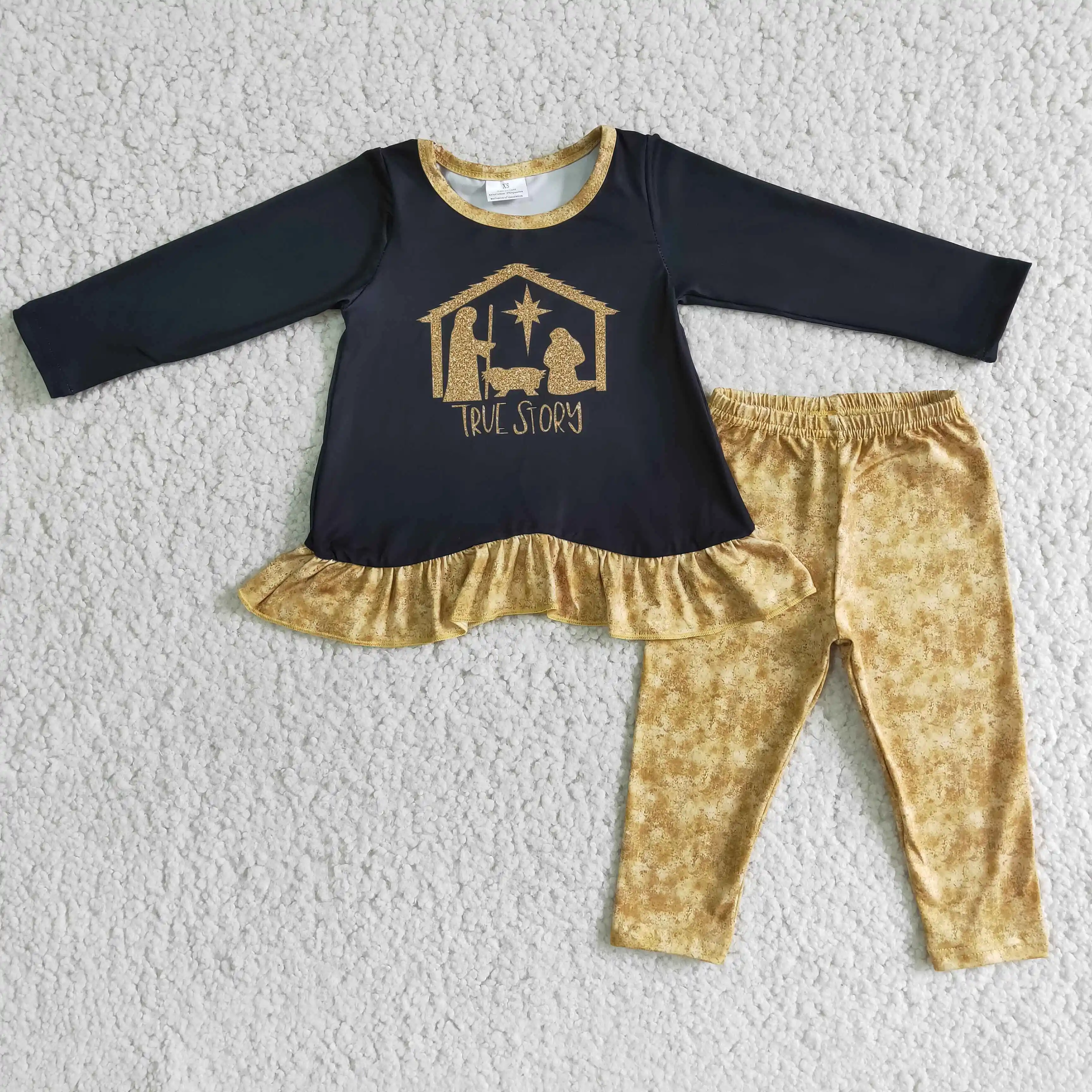 

New design girl long sleeved golden ruffled black blouse golden leggings kids boutique clothing suit easter style design 2pcs